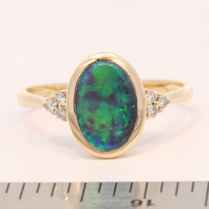 Yellow Gold Blue Green Solid Australian Black Opal and Diamond Engagement Ring