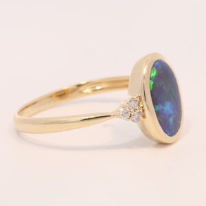 Yellow Gold Blue Green Solid Australian Black Opal and Diamond Engagement Ring