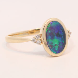 Yellow Gold Blue Green Solid Australian Black Opal and Diamond Engagement Ring