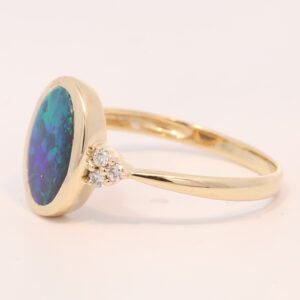 Yellow Gold Blue Green Solid Australian Black Opal and Diamond Engagement Ring