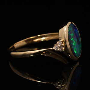 Yellow Gold Blue Green Solid Australian Black Opal and Diamond Engagement Ring