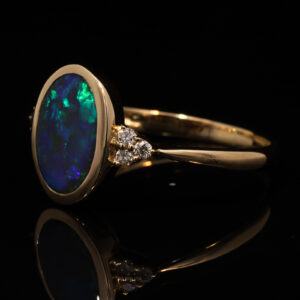 Yellow Gold Blue Green Solid Australian Black Opal and Diamond Engagement Ring