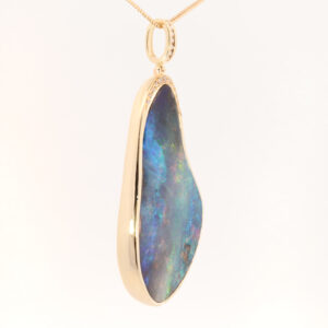 Yellow Gold Blue Green Purple Solid Australian Boulder Opal and Diamond Pendant Necklace