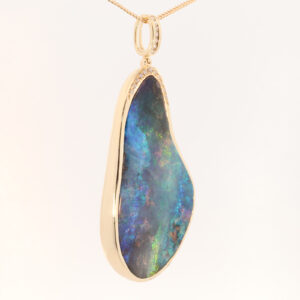 Yellow Gold Blue Green Purple Solid Australian Boulder Opal and Diamond Pendant Necklace