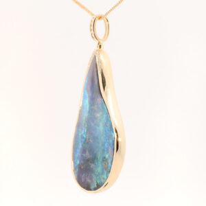 Yellow Gold Blue Green Purple Solid Australian Boulder Opal and Diamond Pendant Necklace