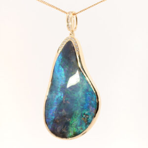 Yellow Gold Blue Green Purple Solid Australian Boulder Opal and Diamond Pendant Necklace