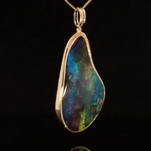 Yellow Gold Blue Green Purple Solid Australian Boulder Opal and Diamond Pendant Necklace