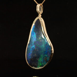 Yellow Gold Blue Green Purple Solid Australian Boulder Opal and Diamond Pendant Necklace