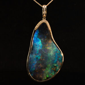 Yellow Gold Blue Green Purple Solid Australian Boulder Opal and Diamond Pendant Necklace