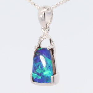 White Gold Blue Green Solid Australian Boulder Opal and Diamond Pendant Necklace