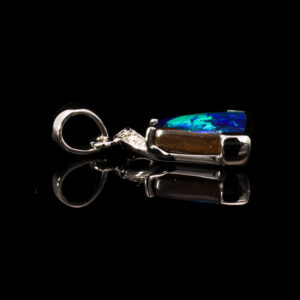 White Gold Blue Green Solid Australian Boulder Opal and Diamond Pendant Necklace