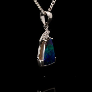 White Gold Blue Green Solid Australian Boulder Opal and Diamond Pendant Necklace