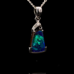 White Gold Blue Green Solid Australian Boulder Opal and Diamond Pendant Necklace