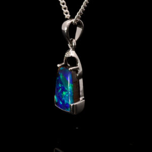 White Gold Blue Green Solid Australian Boulder Opal and Diamond Pendant Necklace