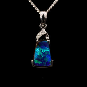 White Gold Blue Green Solid Australian Boulder Opal and Diamond Pendant Necklace