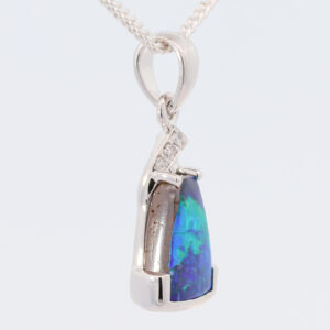 White Gold Blue Green Solid Australian Boulder Opal and Diamond Pendant Necklace