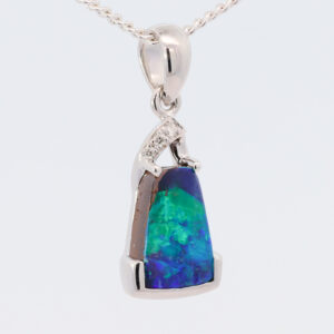 White Gold Blue Green Solid Australian Boulder Opal and Diamond Pendant Necklace