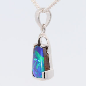 White Gold Blue Green Solid Australian Boulder Opal and Diamond Pendant Necklace