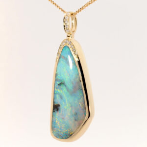 Yellow Gold Blue Green Purple Solid Australian Boulder Opal and Diamond Pendant Necklace