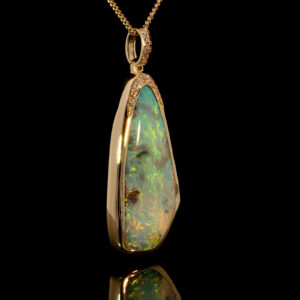 Yellow Gold Blue Green Purple Solid Australian Boulder Opal and Diamond Pendant Necklace