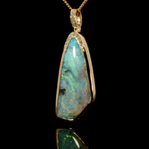 Yellow Gold Blue Green Purple Solid Australian Boulder Opal and Diamond Pendant Necklace