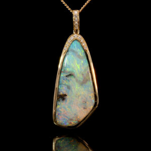 Yellow Gold Blue Green Purple Solid Australian Boulder Opal and Diamond Pendant Necklace