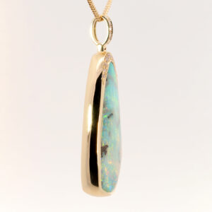 Yellow Gold Blue Green Purple Solid Australian Boulder Opal and Diamond Pendant Necklace