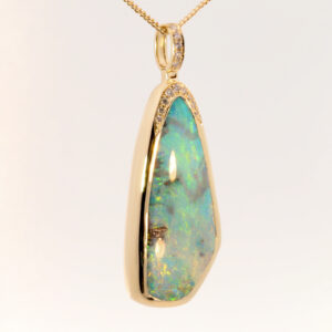 Yellow Gold Blue Green Purple Solid Australian Boulder Opal and Diamond Pendant Necklace