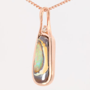 Rose Gold Blue Green Yellow Orange Solid Australian Boulder Opal and Diamond Pendant Necklace