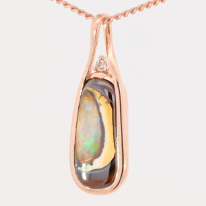 Rose Gold Blue Green Yellow Orange Solid Australian Boulder Opal and Diamond Pendant Necklace