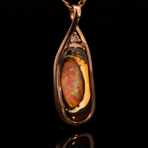 Rose Gold Blue Green Yellow Orange Solid Australian Boulder Opal and Diamond Pendant Necklace