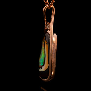 Rose Gold Blue Green Yellow Orange Solid Australian Boulder Opal and Diamond Pendant Necklace