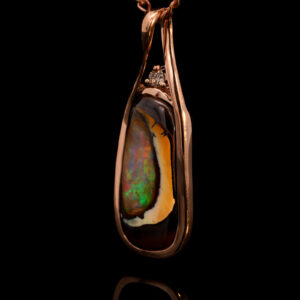 Rose Gold Blue Green Yellow Orange Solid Australian Boulder Opal and Diamond Pendant Necklace