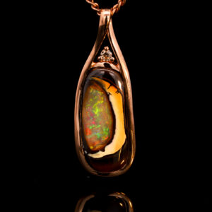 Rose Gold Blue Green Yellow Orange Solid Australian Boulder Opal and Diamond Pendant Necklace