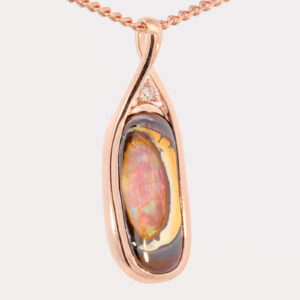 Rose Gold Blue Green Yellow Orange Solid Australian Boulder Opal and Diamond Pendant Necklace