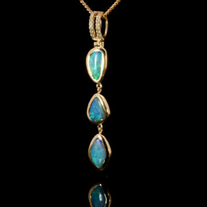 Yellow Gold Blue Green Solid Australian Boulder Opal and Diamond Pendant Necklace