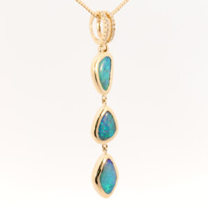 Yellow Gold Blue Green Solid Australian Boulder Opal and Diamond Pendant Necklace