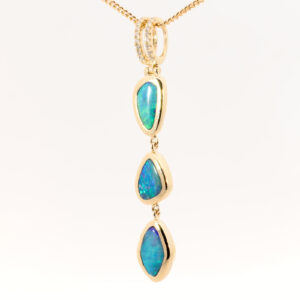 Yellow Gold Blue Green Solid Australian Boulder Opal and Diamond Pendant Necklace