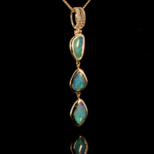 Yellow Gold Blue Green Solid Australian Boulder Opal and Diamond Pendant Necklace