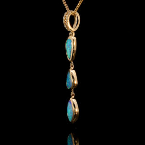 Yellow Gold Blue Green Solid Australian Boulder Opal and Diamond Pendant Necklace