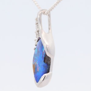 White Gold Blue Green Solid Australian Boulder Opal and Diamond Pendant Necklace