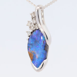 White Gold Blue Green Solid Australian Boulder Opal and Diamond Pendant Necklace