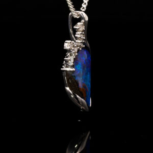 White Gold Blue Green Solid Australian Boulder Opal and Diamond Pendant Necklace