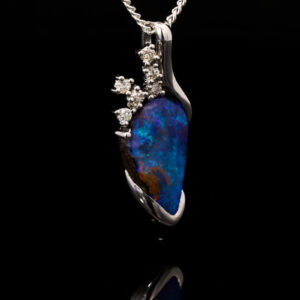 White Gold Blue Green Solid Australian Boulder Opal and Diamond Pendant Necklace