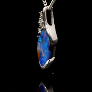 White Gold Blue Green Solid Australian Boulder Opal and Diamond Pendant Necklace