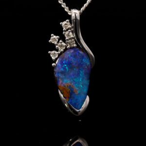 White Gold Blue Green Solid Australian Boulder Opal and Diamond Pendant Necklace