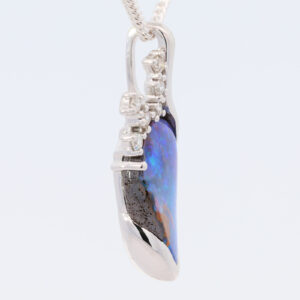 White Gold Blue Green Solid Australian Boulder Opal and Diamond Pendant Necklace