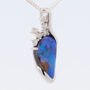 White Gold Blue Green Solid Australian Boulder Opal and Diamond Pendant Necklace