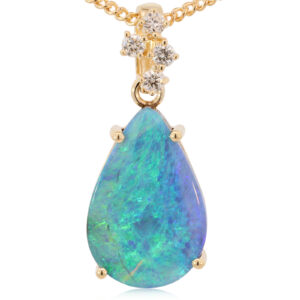 Yellow Gold Blue Green Purple Boulder Opal and Diamond Pendant