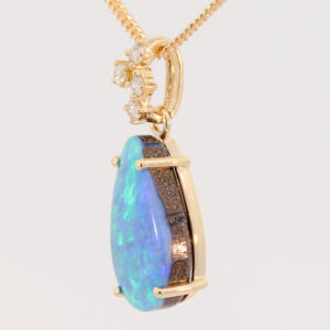 Yellow Gold Blue Green Purple Solid Australian Boulder Opal and Diamond Pendant Necklace